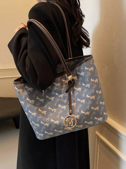 Printed Tote Shoulder Bag - Dark Blue - View 6