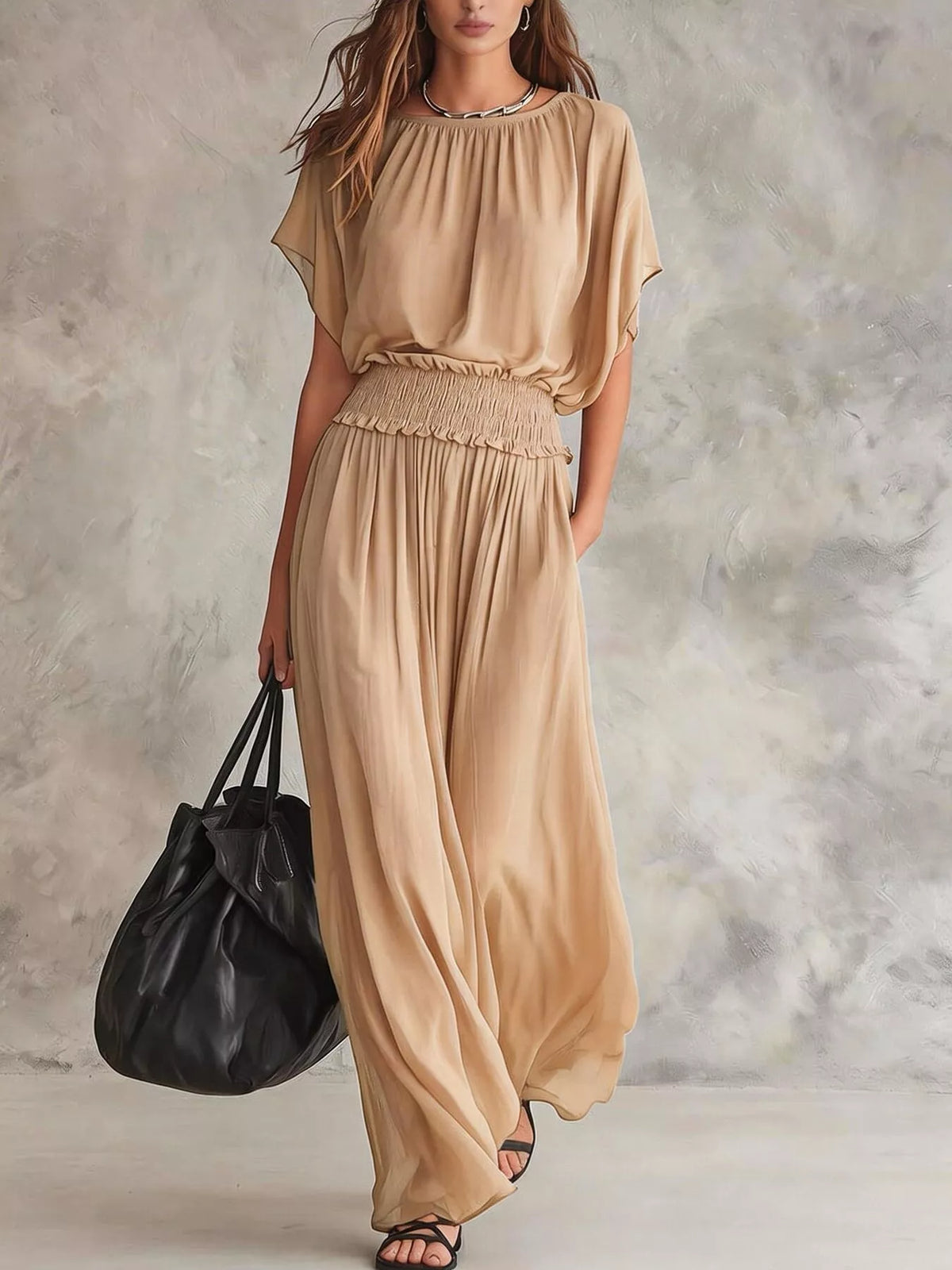Chiffon Maxi Dress with Smocked Waist - Tan - View 1