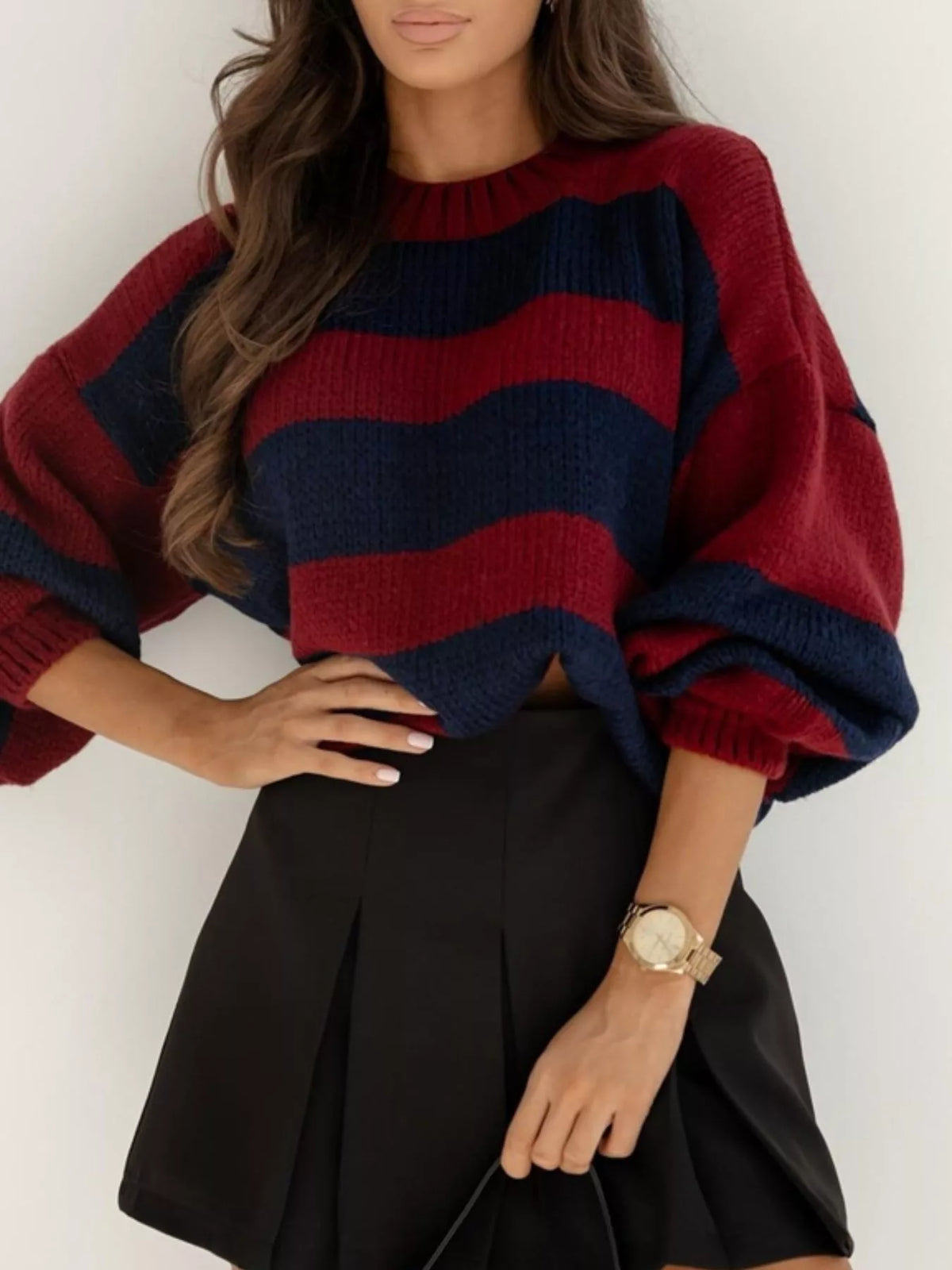 Striped Dropped Shoulder Sweater - Burgundy Sapphire Blue - View 1