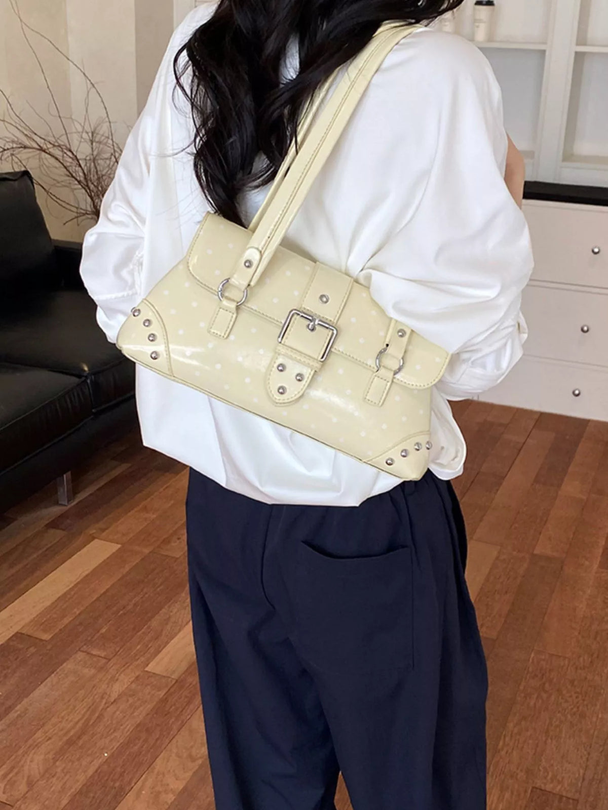 Polka Dot Studded Shoulder Bag - Light Yellow - View 7