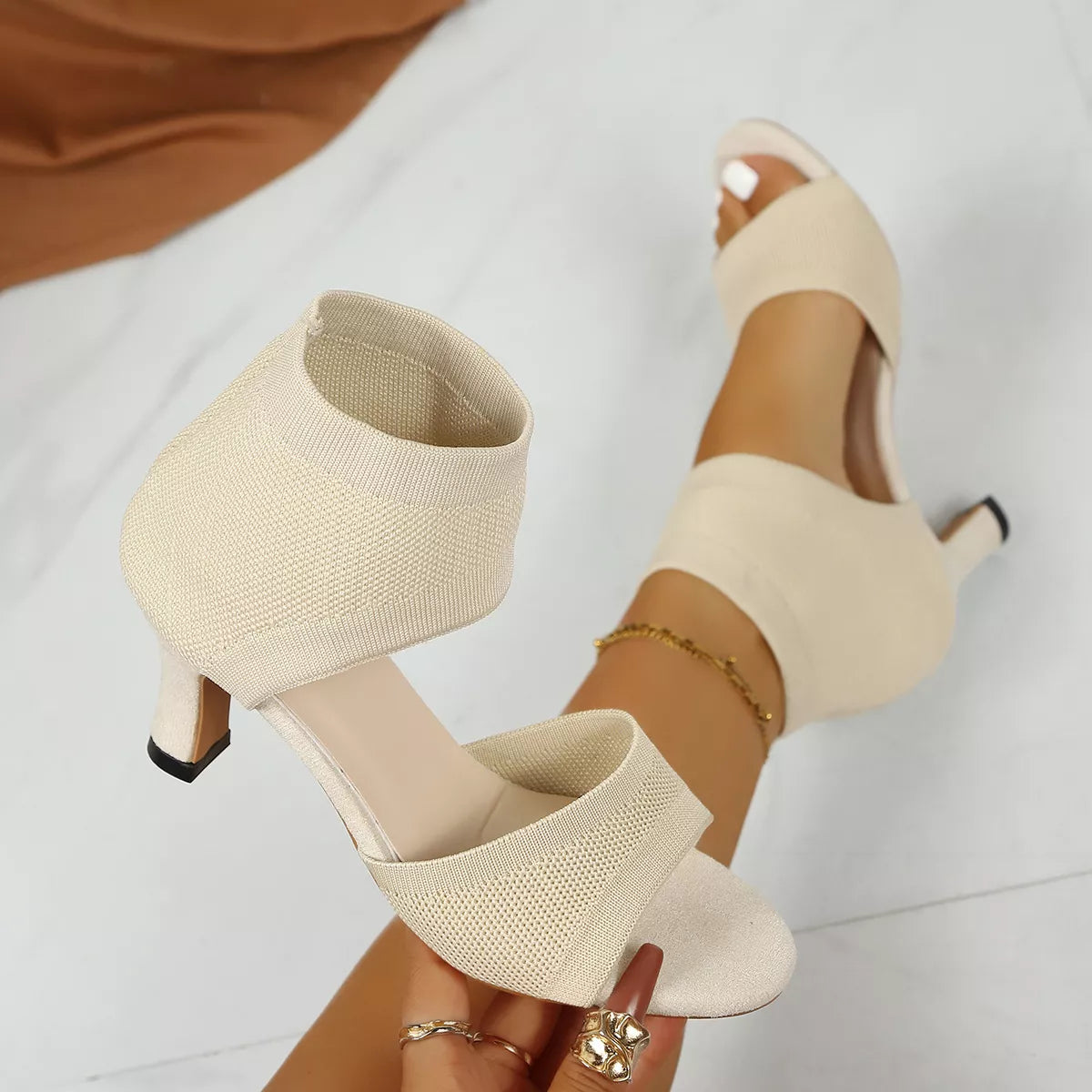 Open Toe Kitten Heels Sandals - Beige - View 8