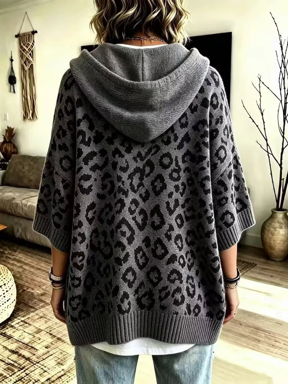 Drawstring Leopard Hooded Sweater - Dark Gray - View 8