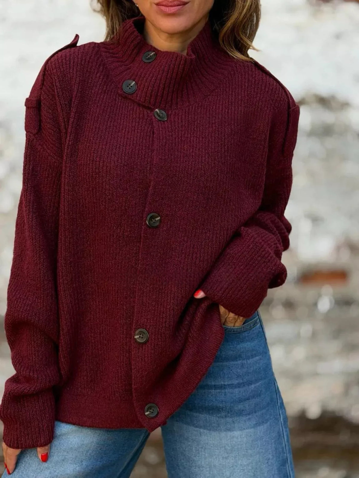 Full Size Button-Up Mock Neck Cardigan Plus Size - Burgundy - View 1