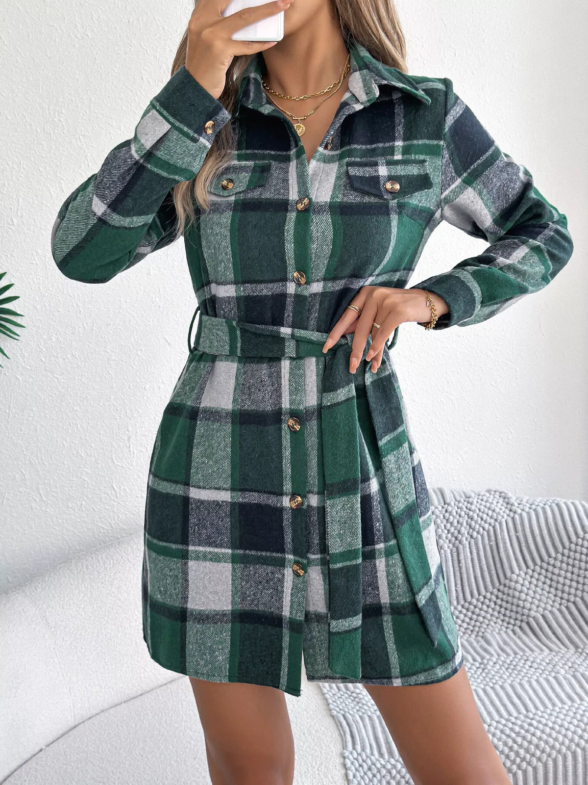 Plaid Button Front Tie Waist Shirt Dress - Green - View 3