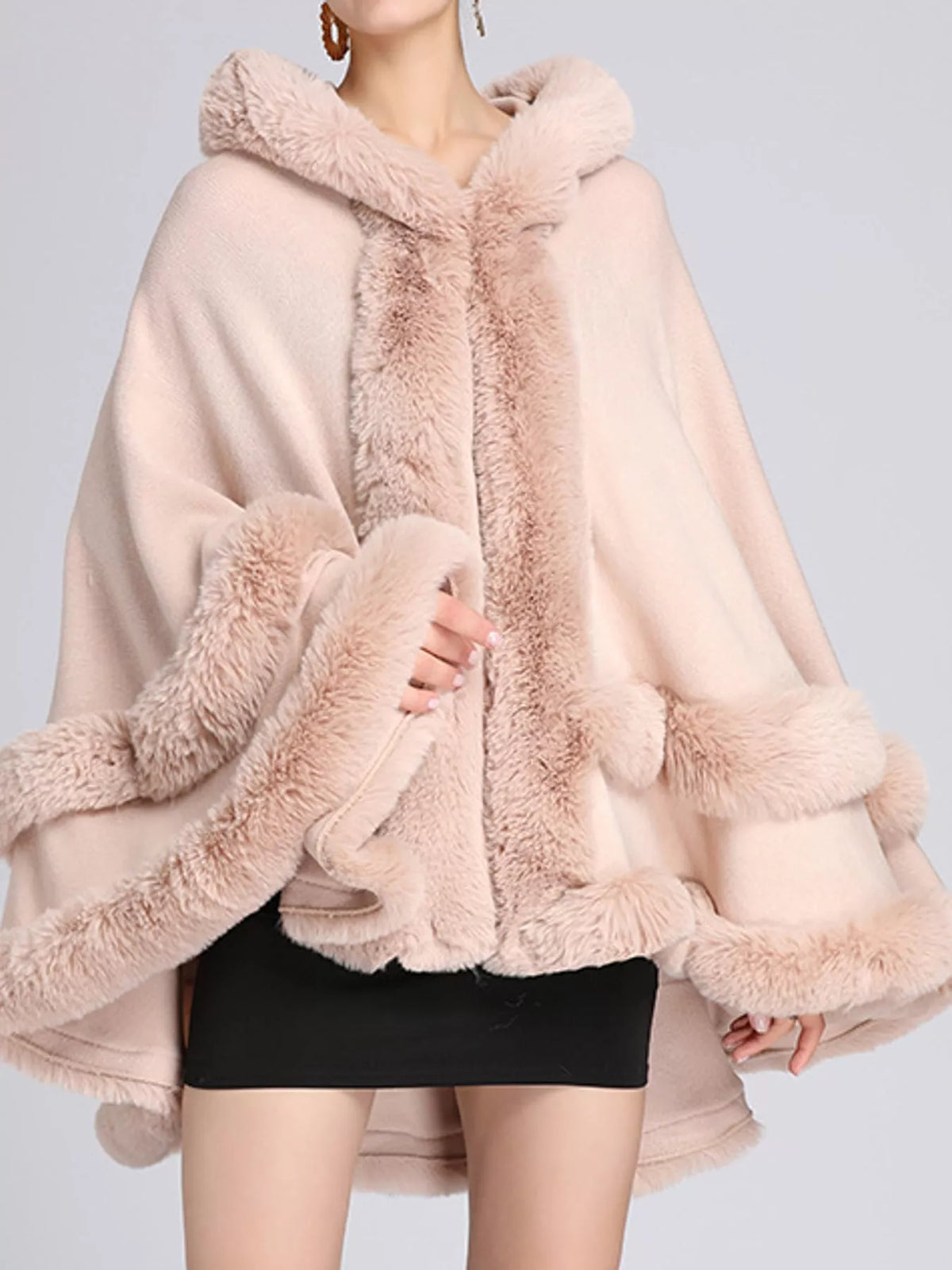 Faux Fur Trimmed Hooded Cape - Pink - View 1