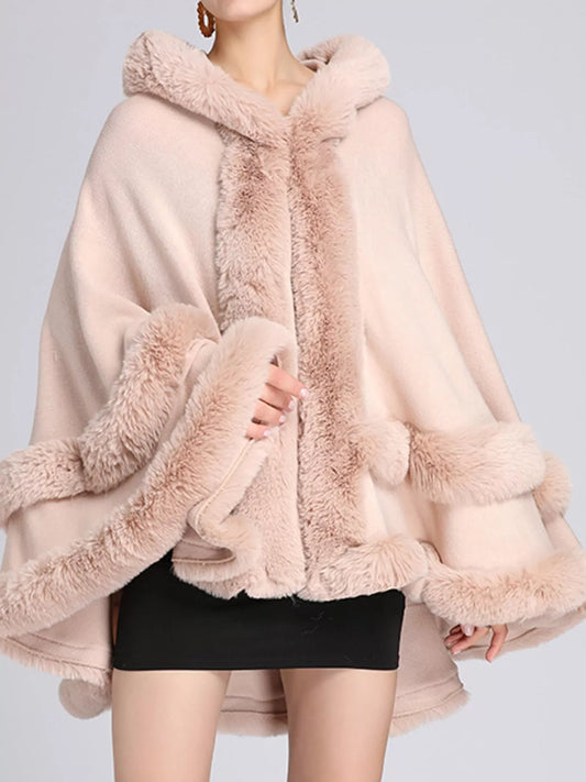 Faux Fur Trimmed Hooded Cape - Pink - View 1