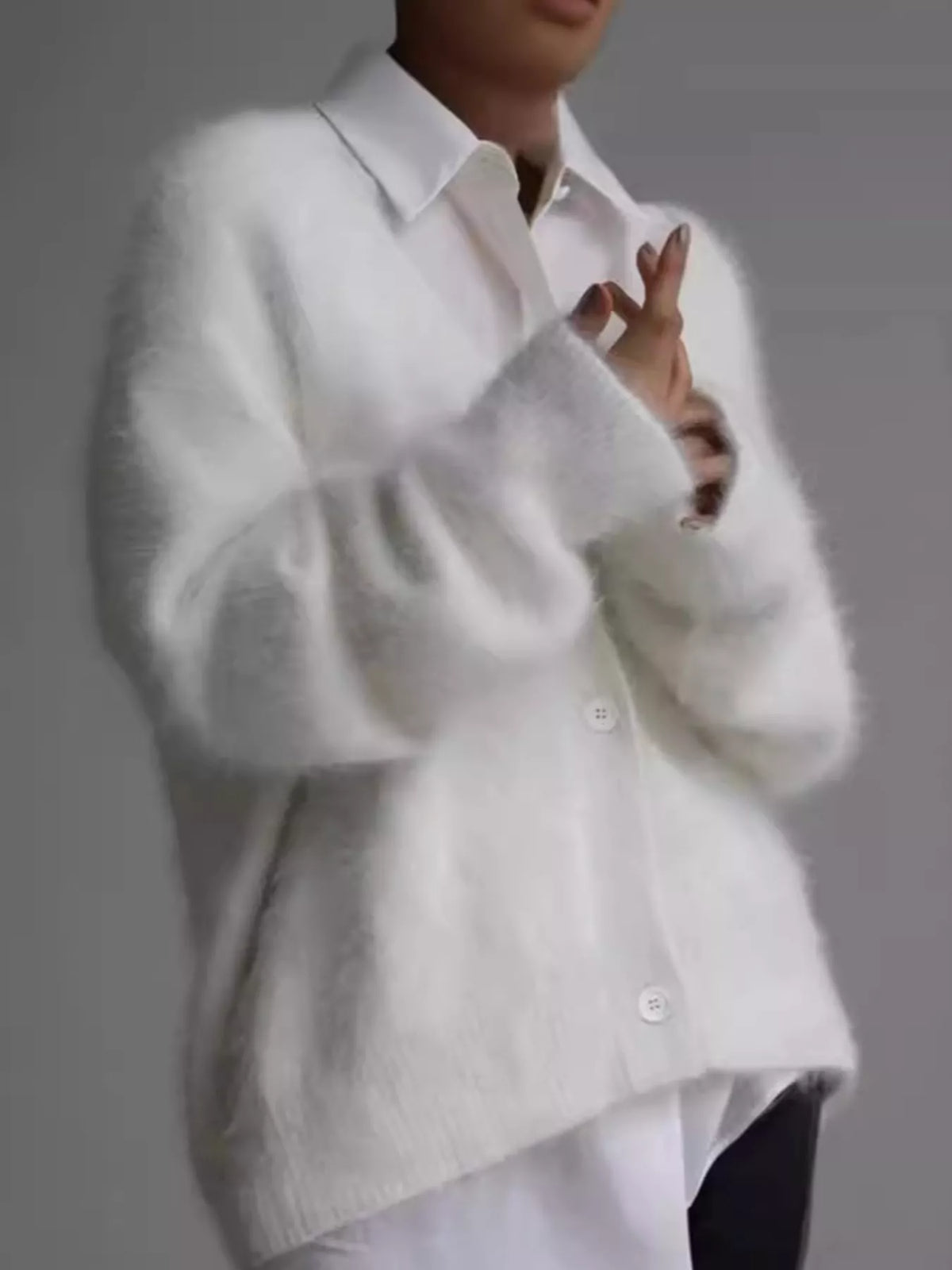 Fuzzy V-Neck Button-Down Cardigan - White - View 10