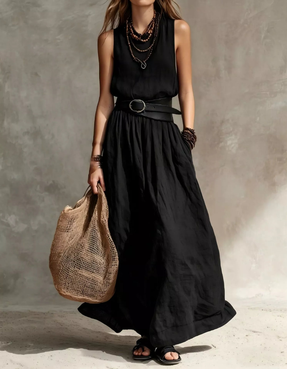Full Size Round Neck Sleeveless Maxi Dress Plus Size - Black - View 1