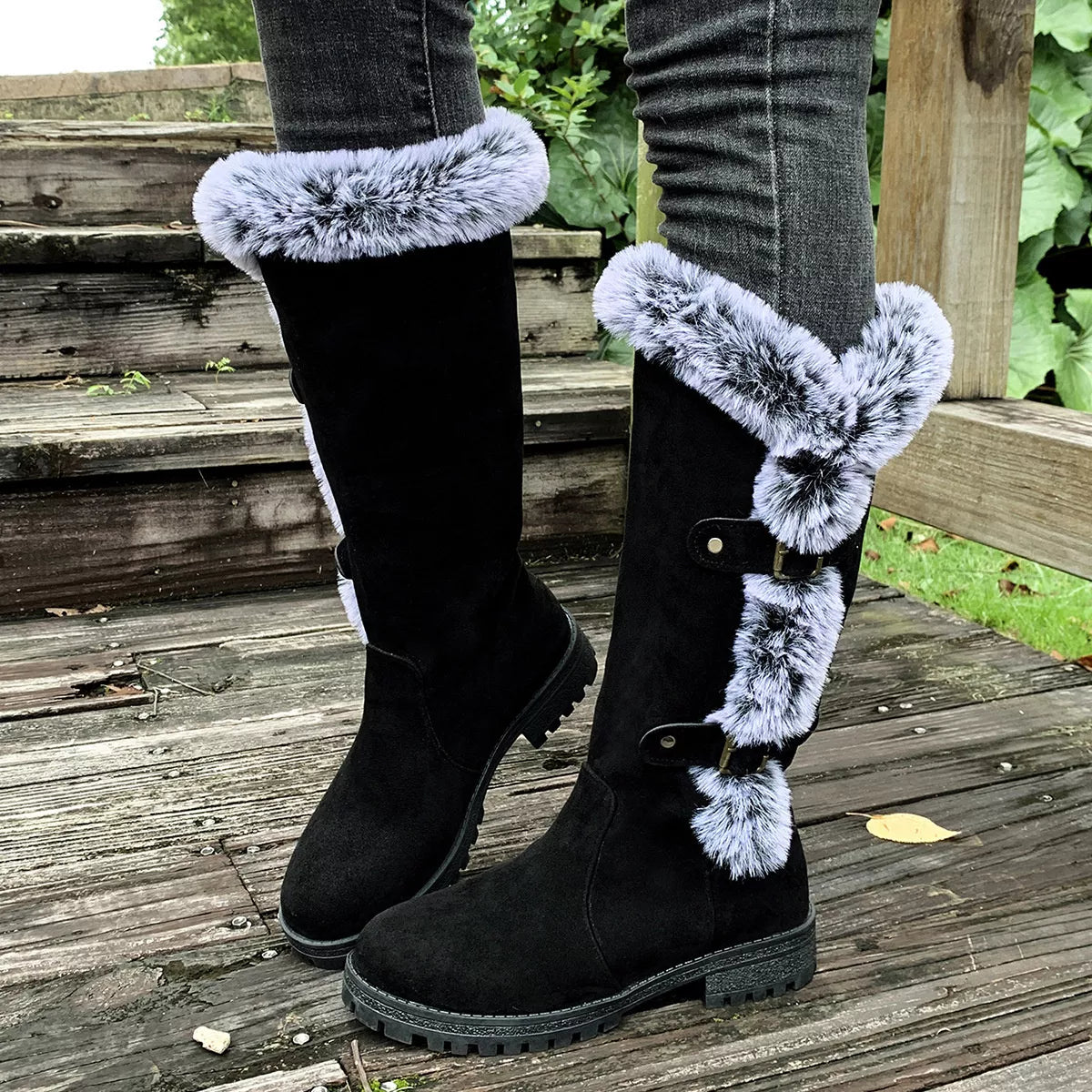 Round Toe Block Heels Boots - Black - View 2