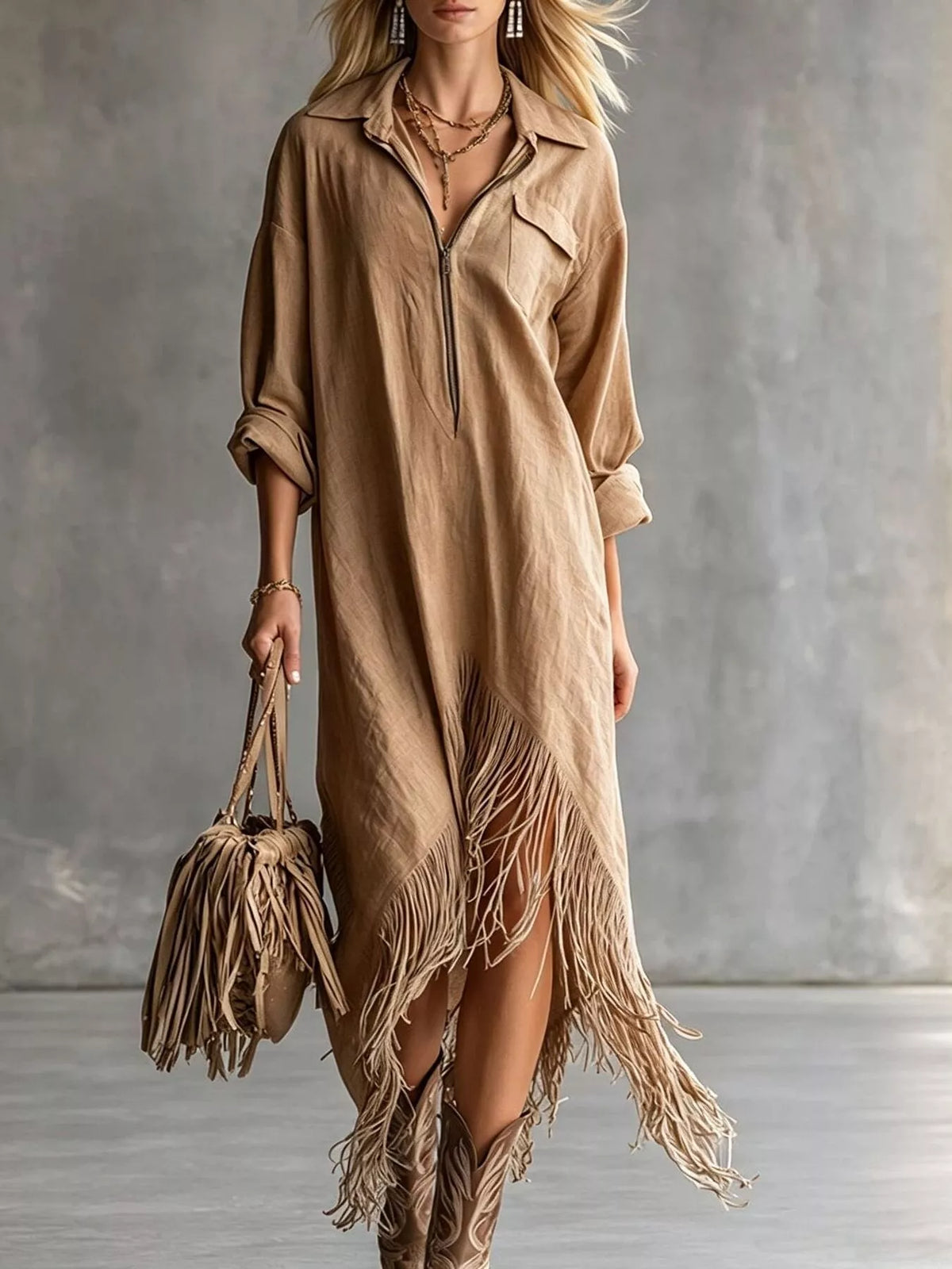 Zipper-Front Fringe Hem Midi Dress - Camel - View 1