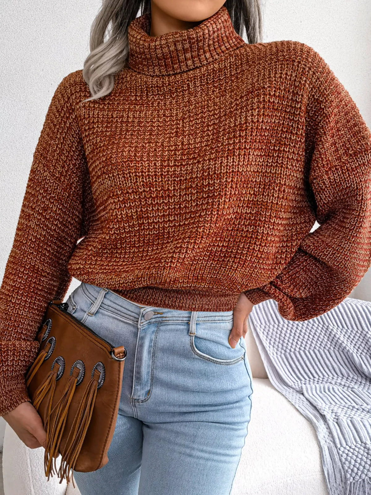 Turtleneck Dropped Shoulder Sweater - Caramel - View 4