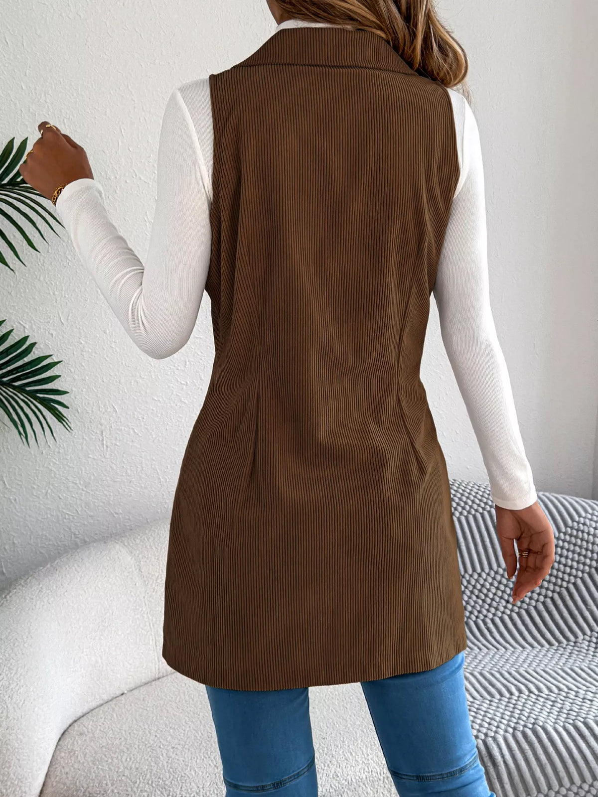 Double-Breasted Long Vest Coat - Coffee Brown - View 16