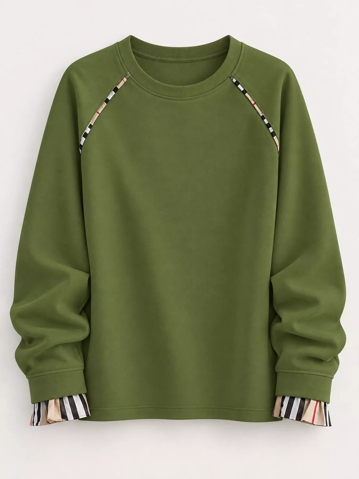 Plaid-Trimmed Crew Neck Sweatshirt - Army Green-Plain - View 12