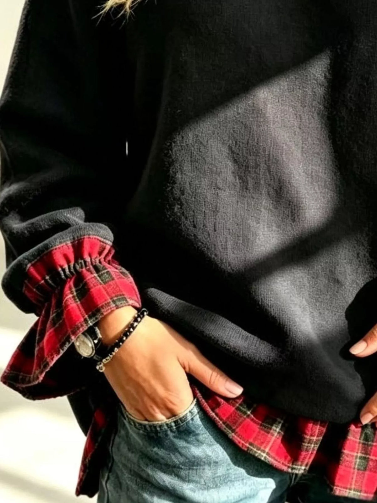 Full Size Cold-Shoulder Plaid Patchwork Long Sleeve Top Plus Size - Black - View 2