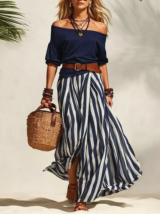 Off Shoulder Top and Striped Maxi Skirt Set - product photo 1