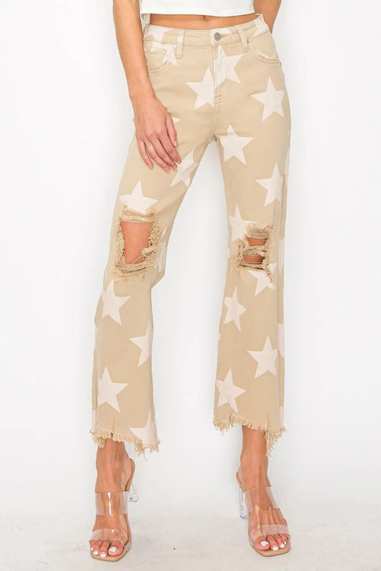 RISEN Full Size High Rise Star Printed Frayed Hem Jeans - product photo 1