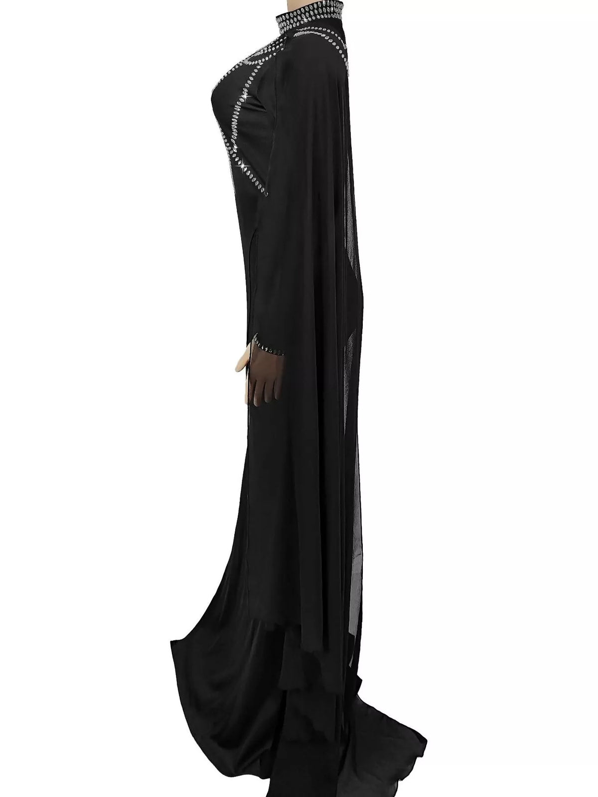 Rhinestone Slit Maxi Dress with Sheer Cape Sleeves - Silver - View 5