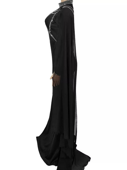 Rhinestone Slit Maxi Dress with Sheer Cape Sleeves - Silver - View 5