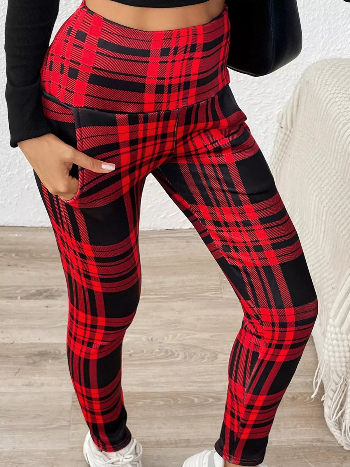 High-Waisted Plaid Slim-Fit Leggings - Red - View 2