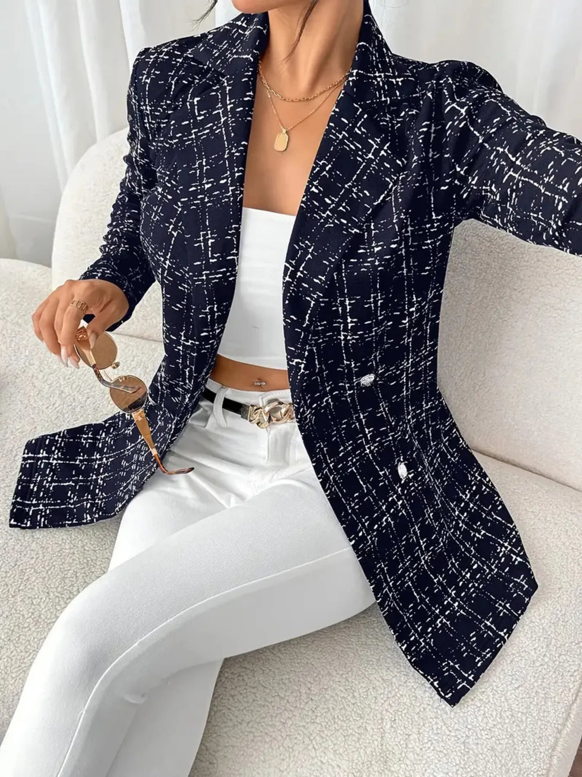 Tweed Double-Breasted Blazer - Navy Blue - View 13