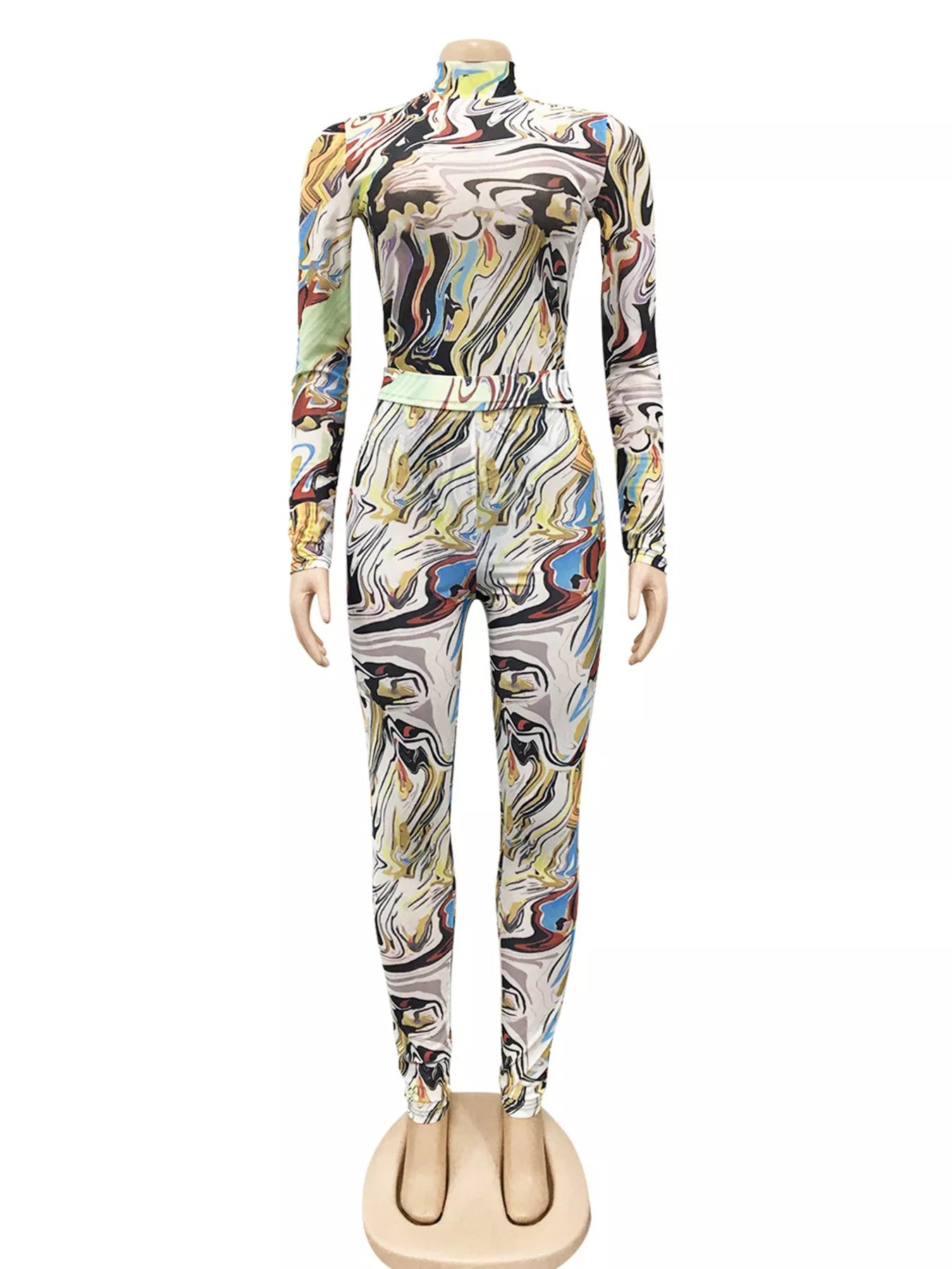 Abstract Swirl Print Top and Pants Set - Camel - Full Set Front View