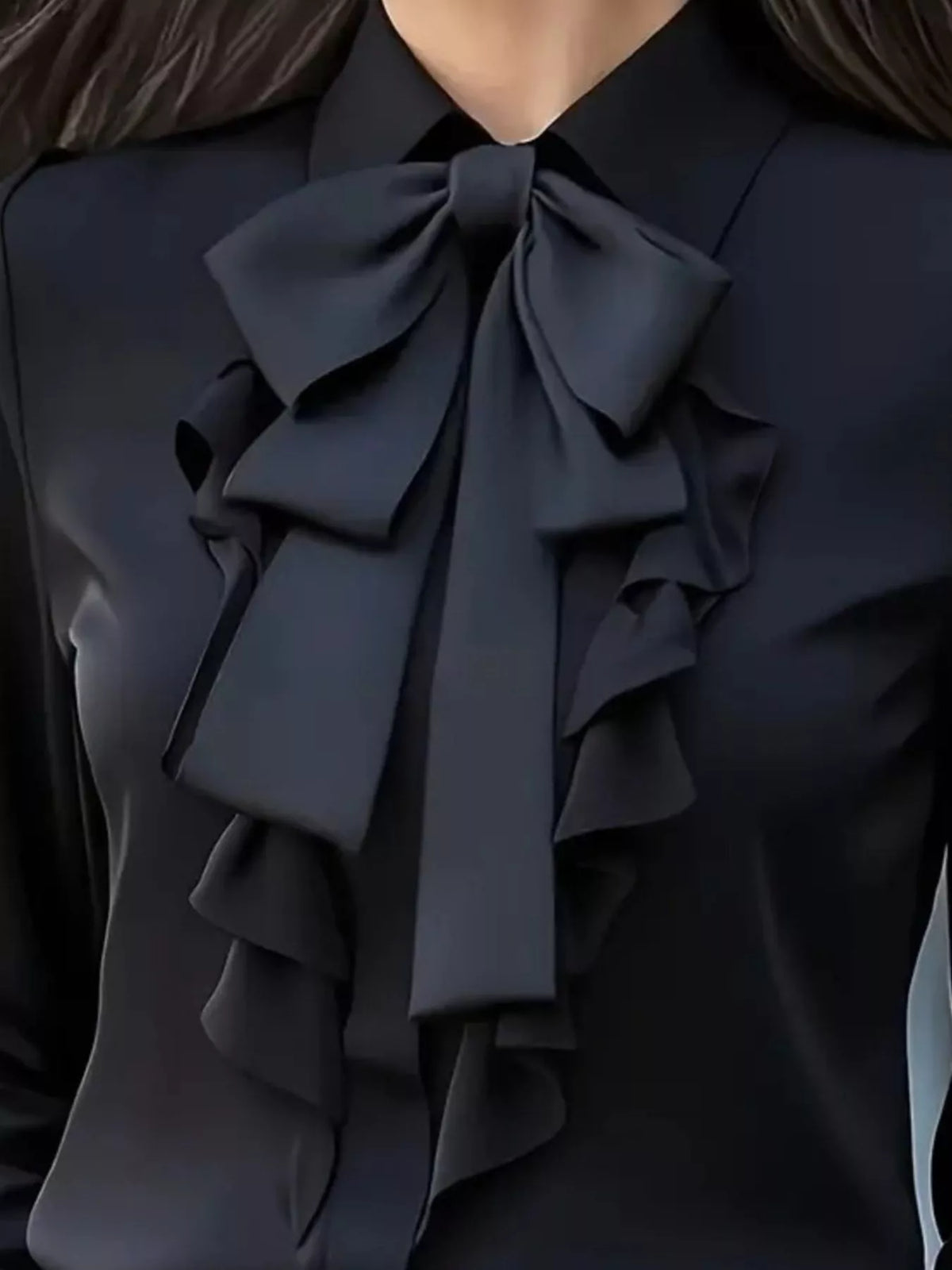 Ruffled Tie Front Long Sleeve Blouse - Black - View 2
