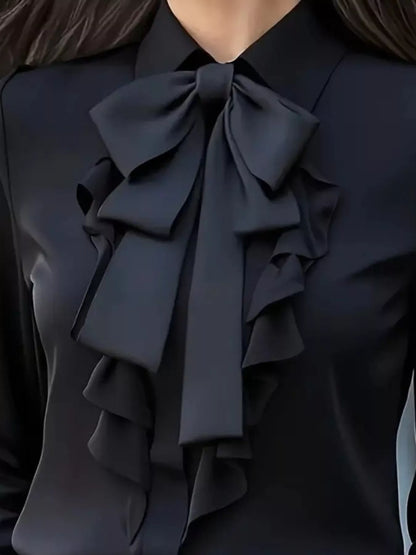 Ruffled Tie Front Long Sleeve Blouse - Black - View 2
