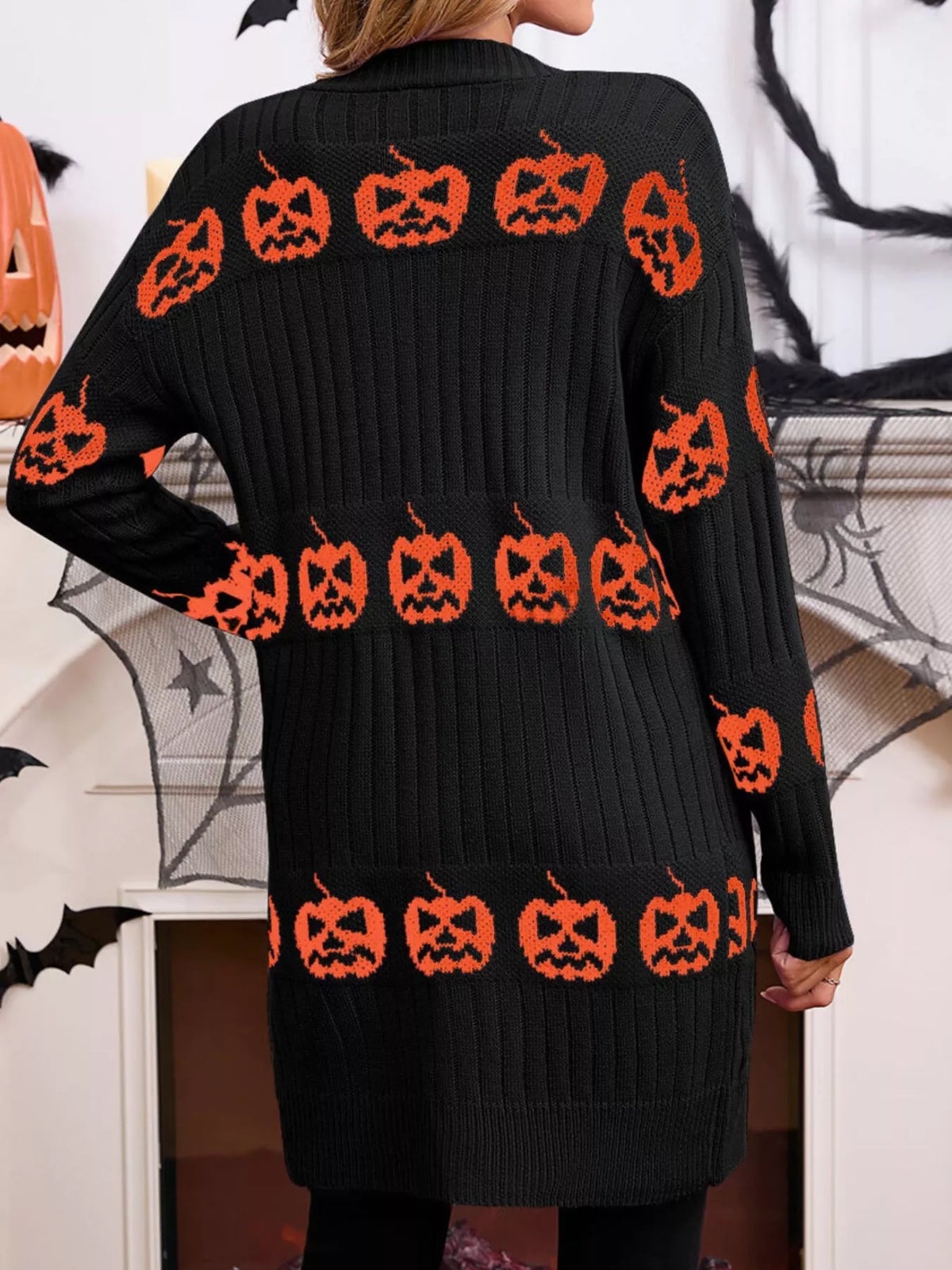 Halloween Pumpkin Open Front Knit Cardigan - Black - View 3