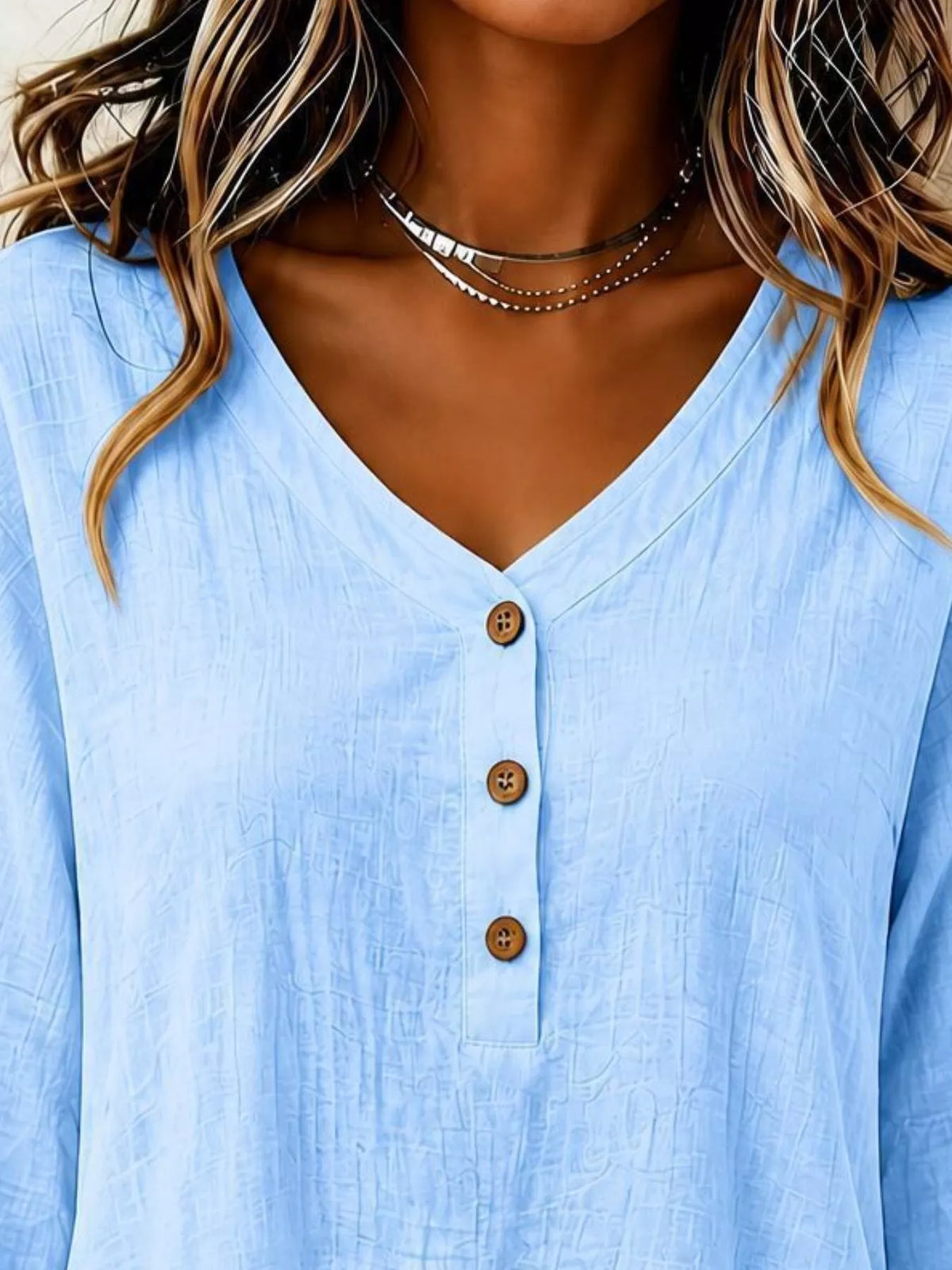 V-Neck Long Sleeve Button Detail Ruffled Hem Blouse - Sky Blue - View 2