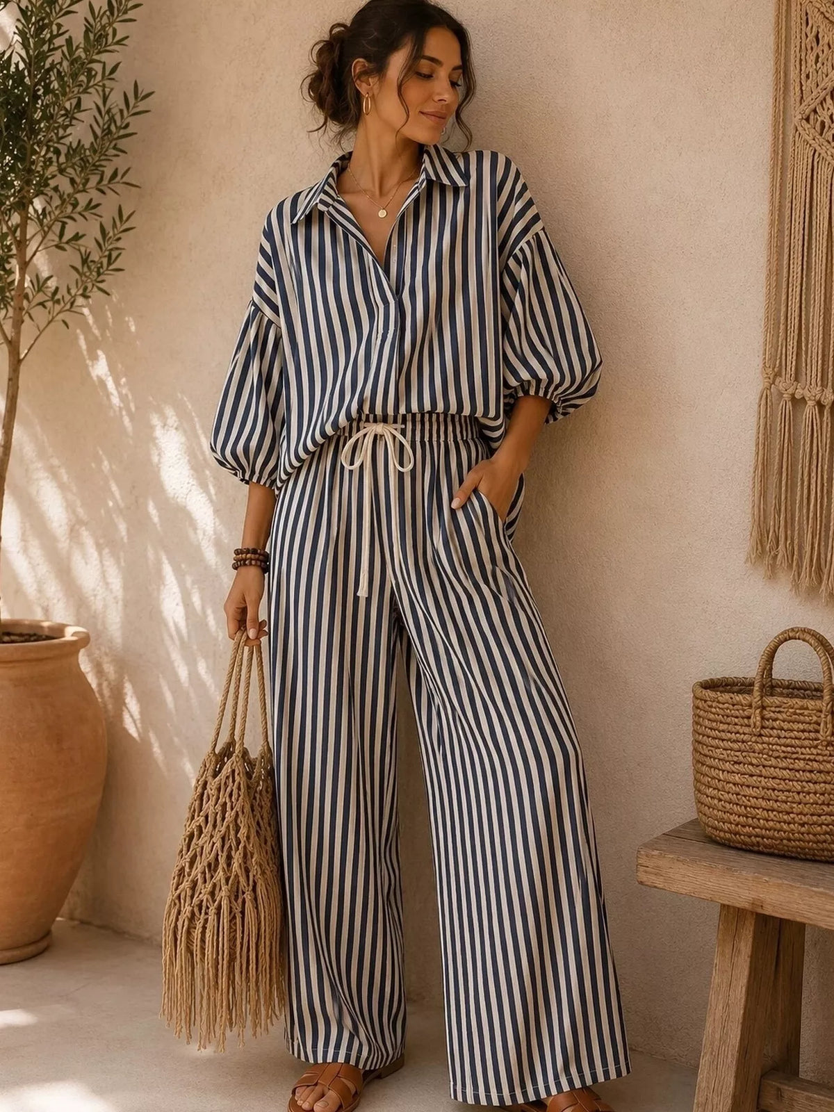 Full Size Striped Relaxed Fit Shirt and Wide-Leg Pants Set Plus Size - Black - View 1