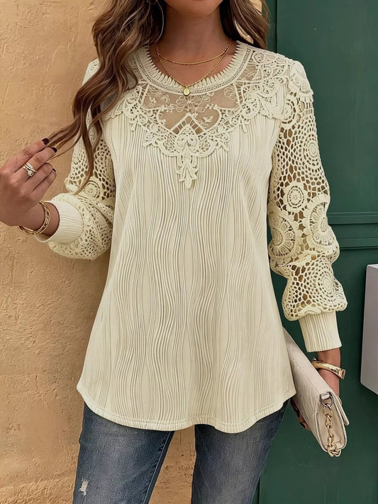 Lace Patchwork Long Sleeve Blouse - Beige - View 1