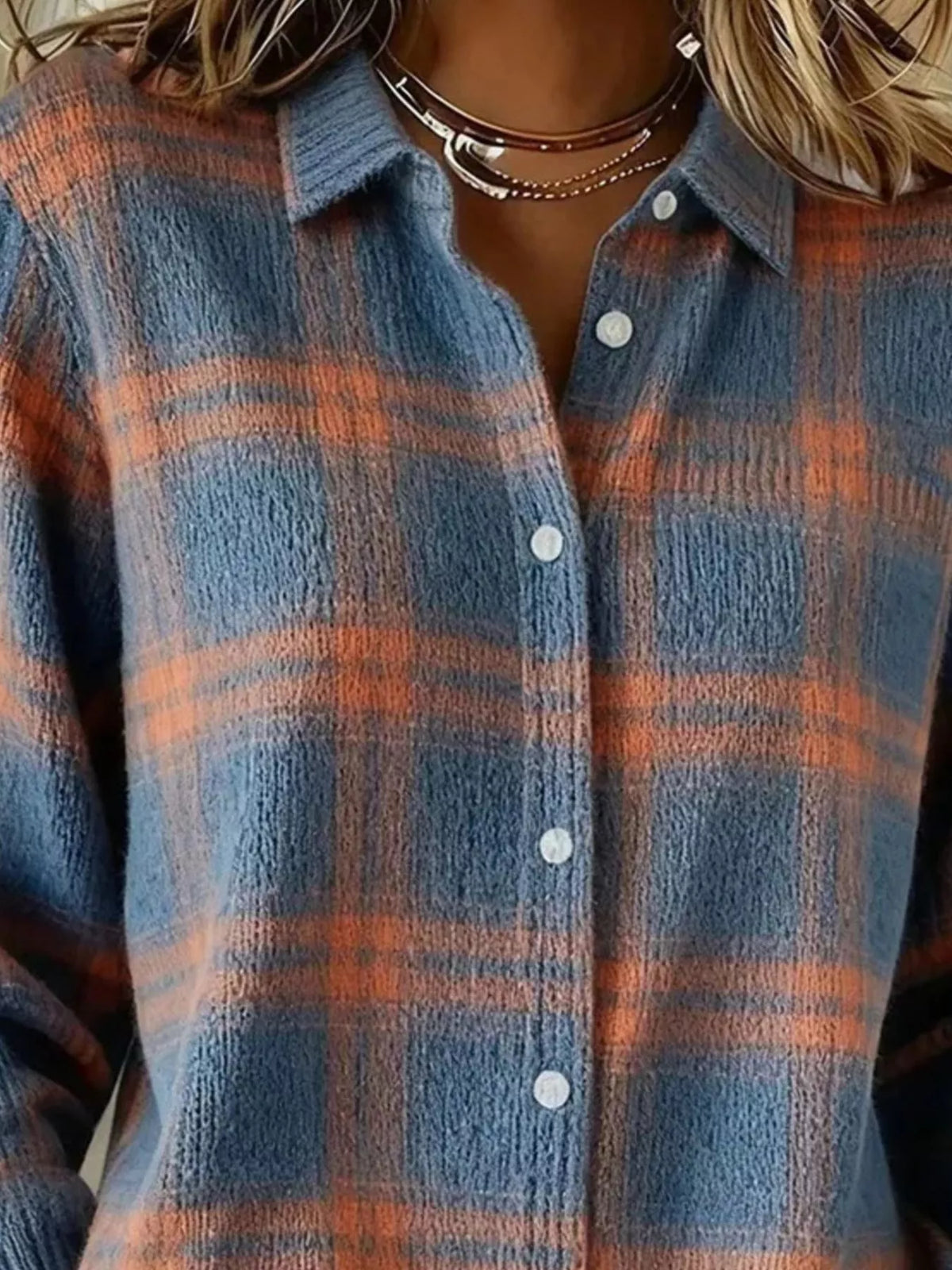Full Size Plaid Button-Down Knit Cardigan Plus Size - Blue - View 2