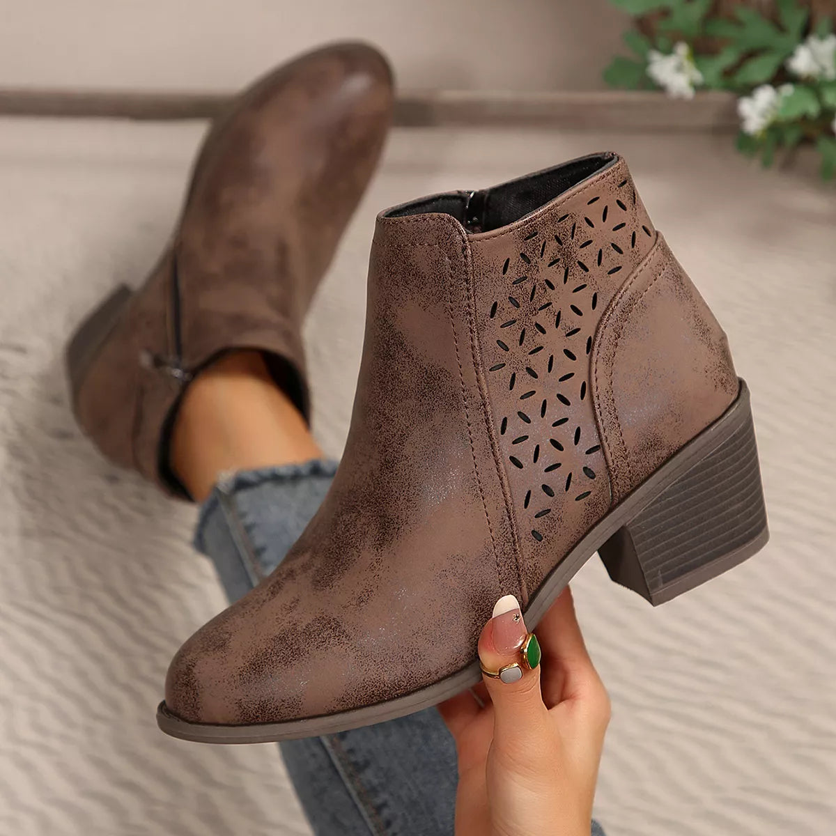 Point Toe Block Heels Boots - Brown - View 5