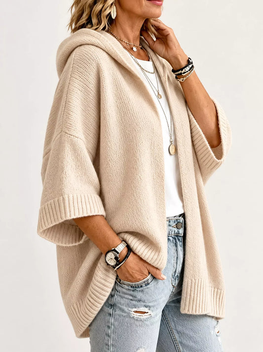 Full Size Hooded Open-Front Knit Cardigan Plus Size - Apricot Color - View 2