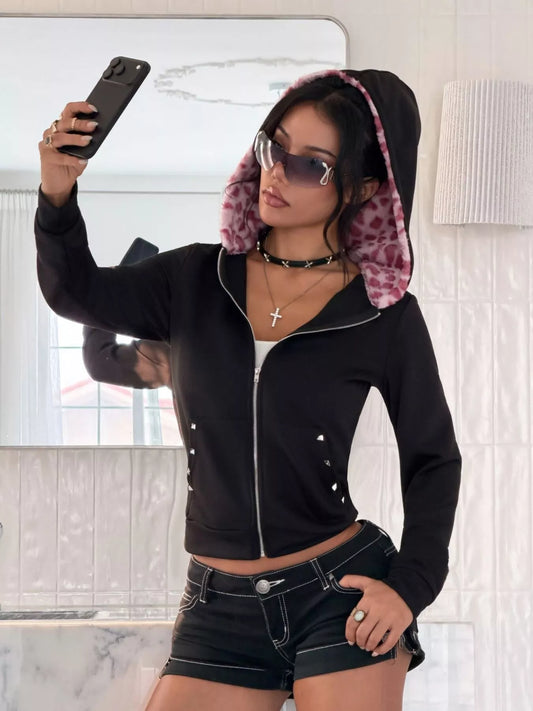 Zip-Up Slim Fit Hoodie - Black - View 1