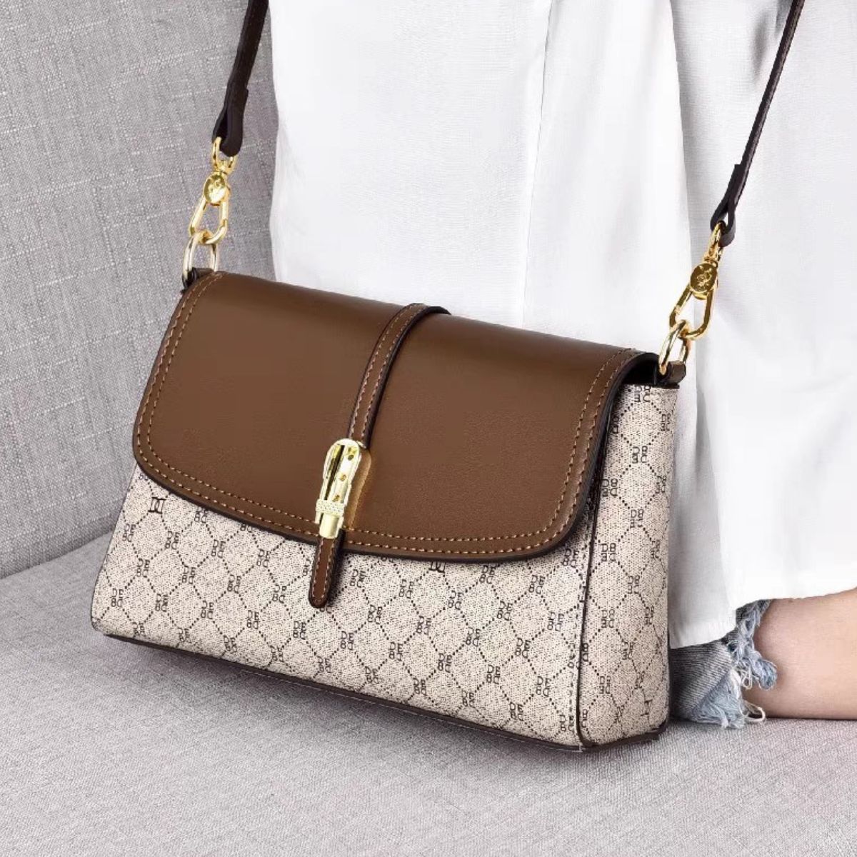 Adjustable Strap Flap Crossbody Bag - Brown - View 1