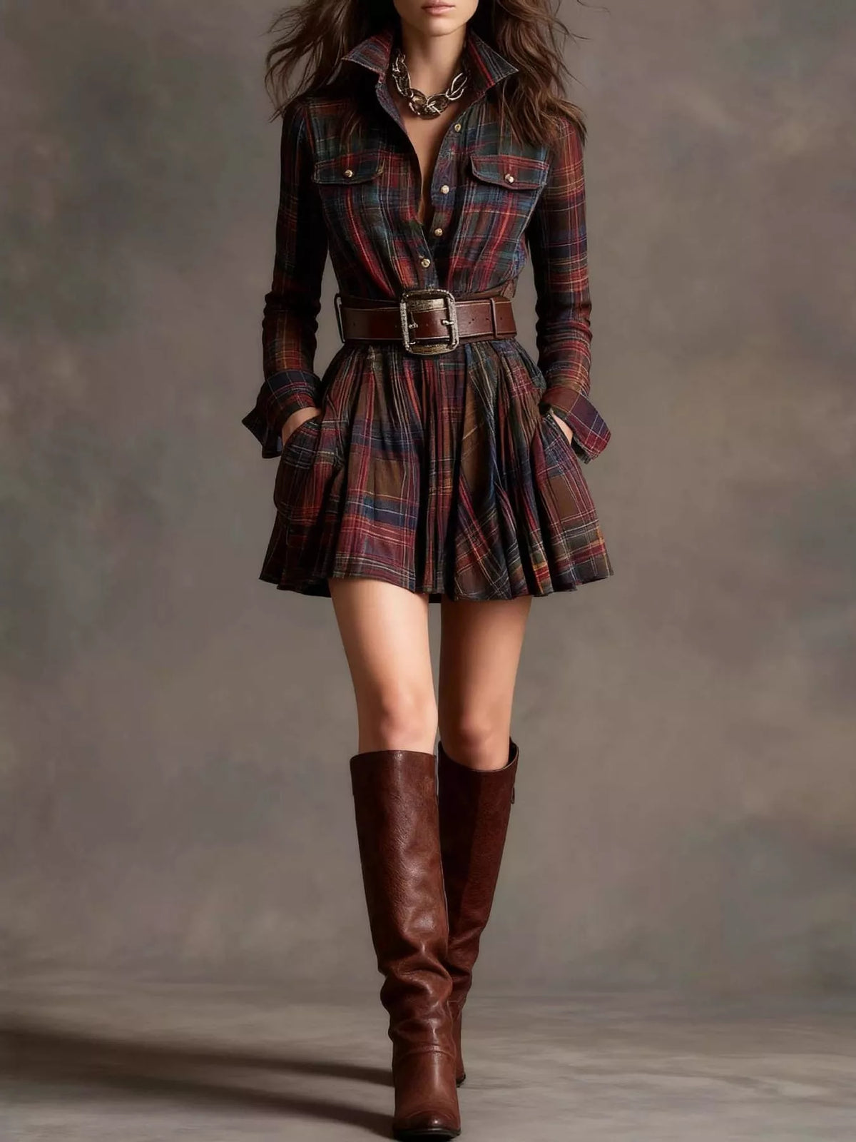 Plaid Long-Sleeve Shirt Dress - Red Brown (with Belt) - View 1
