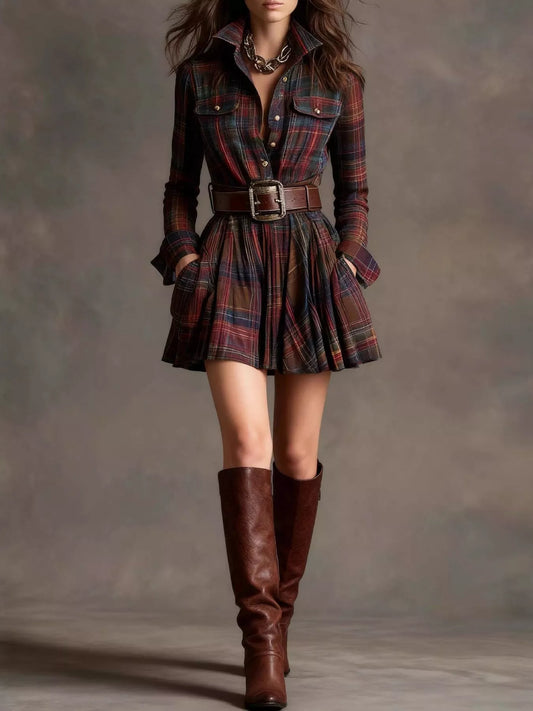 Plaid Long-Sleeve Shirt Dress - Red Brown (with Belt) - View 1