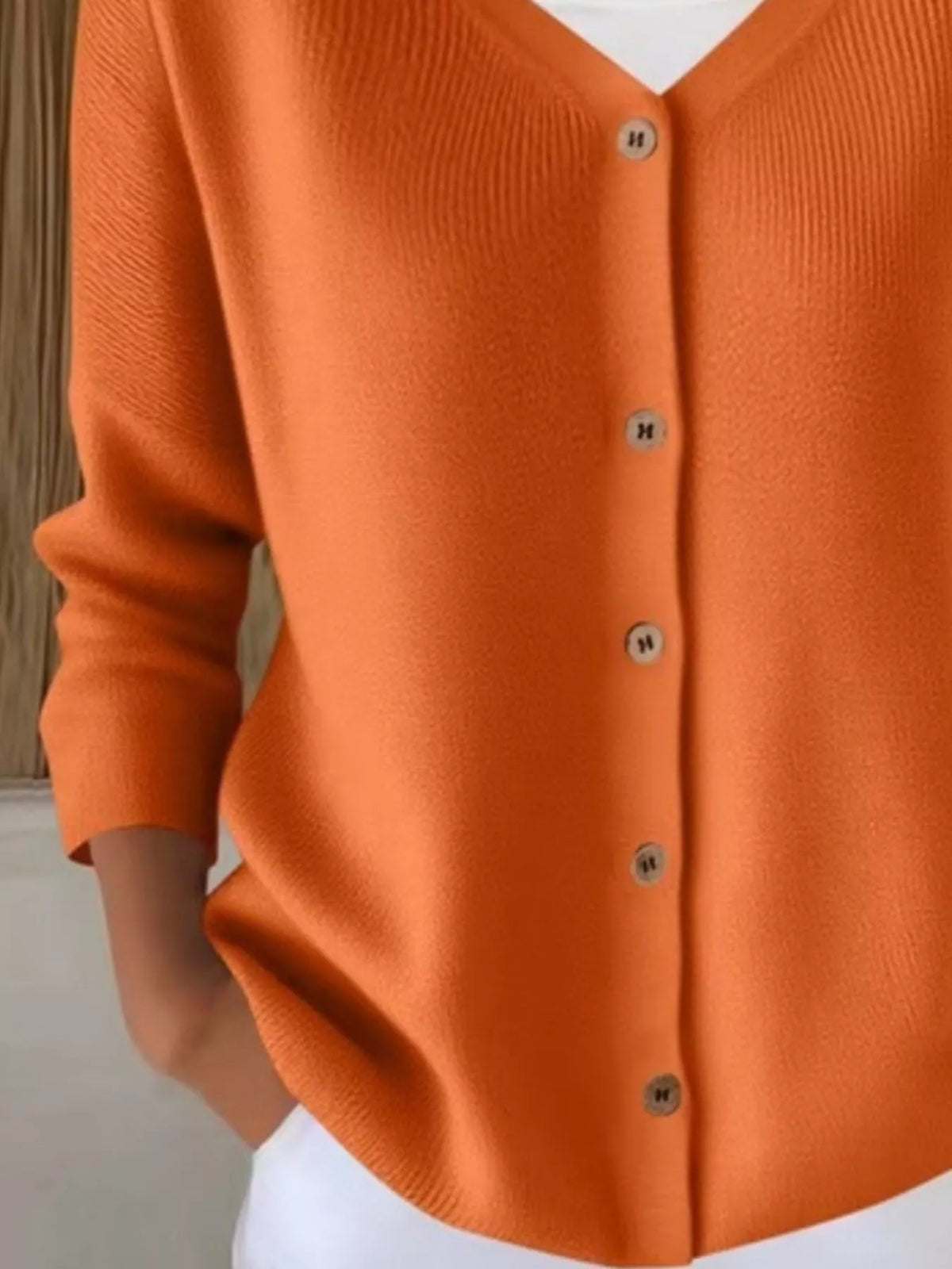 V-Neck Button-Down Ribbed Knit Cardigan - Orange - View 3