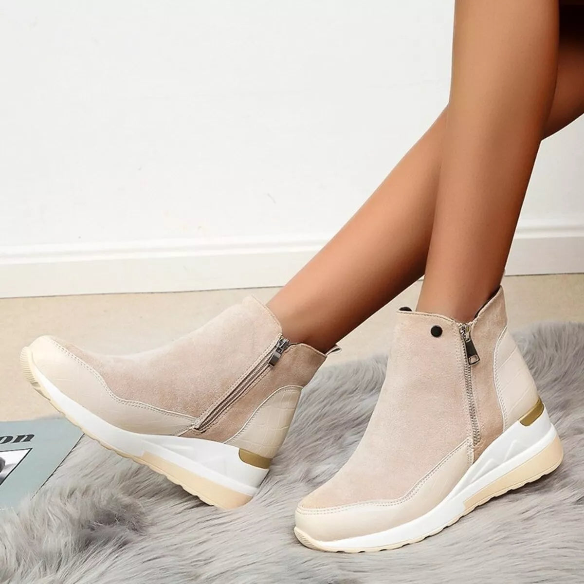 Side Zipper Ankle Boots - Beige - View 5