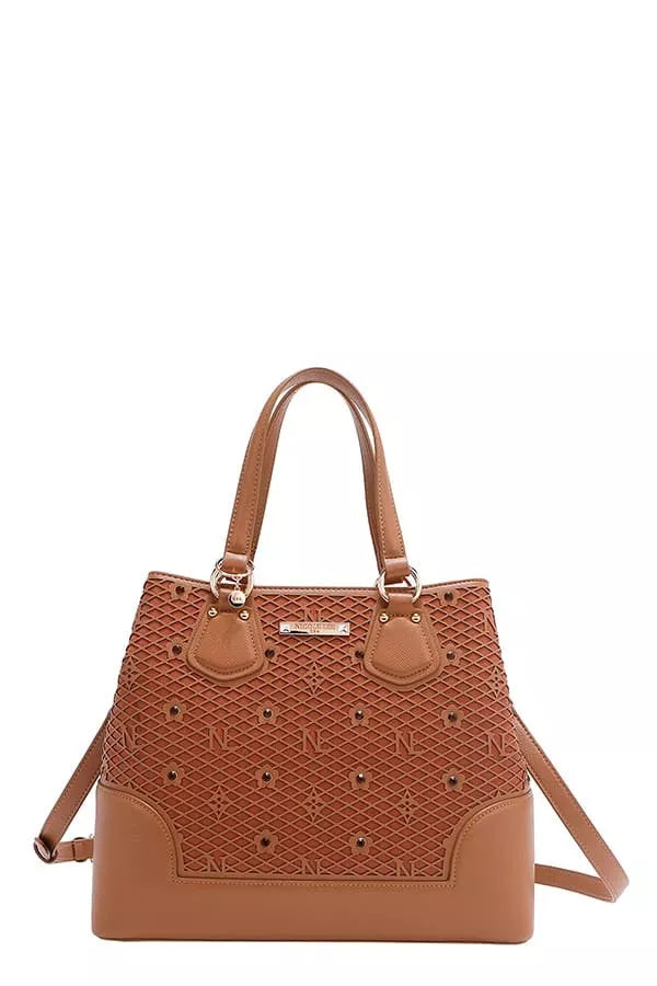 Nicole Lee USA Monogram Pattern Handbag with Rhinestones Decor - BROWN - View 5
