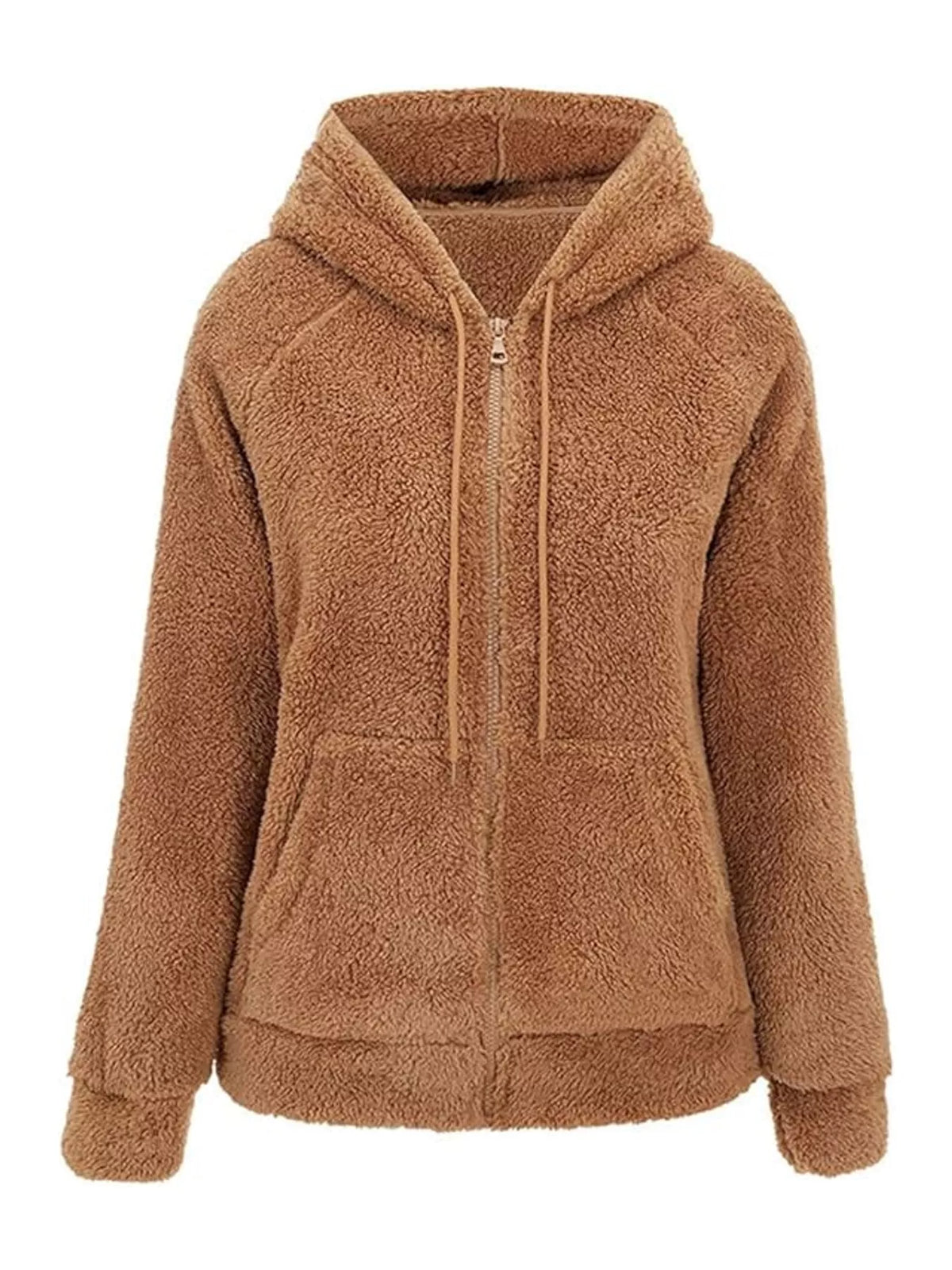 Drawstring Sherpa Zip-Up Hoodie - Caramel - View 5