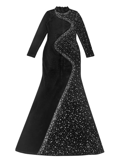 Rhinestone Embellished Velvet Mermaid Evening Maxi Dress - Black - View 6