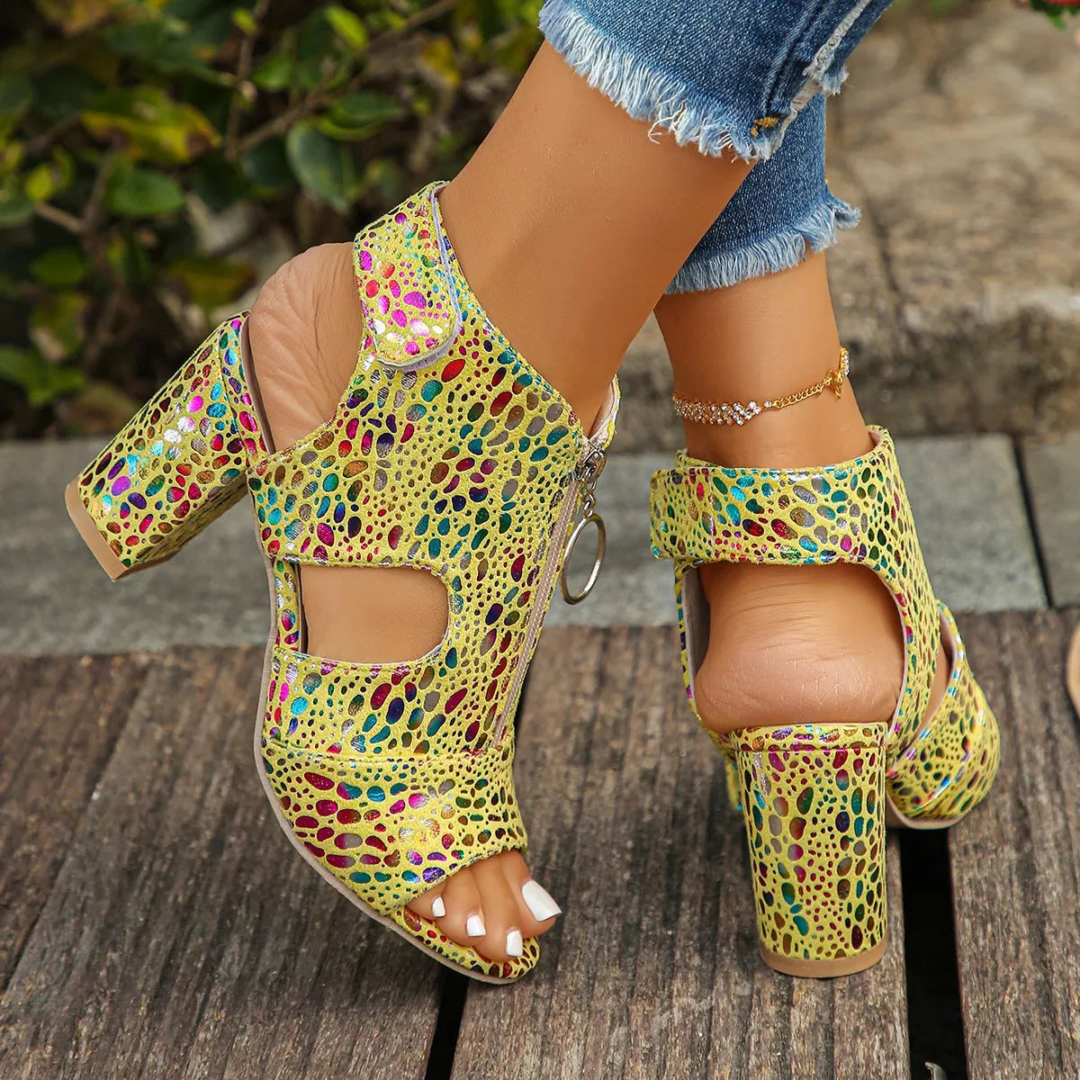 Open Toe Block Heels Sandals - Yellow - View 5