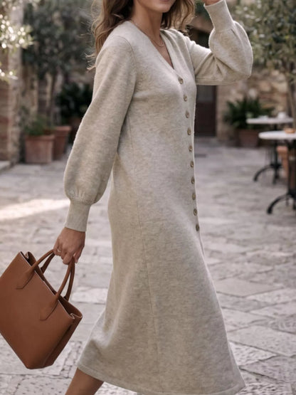 Button Front Long Sleeve Sweater Dress - Light Gray - View 4