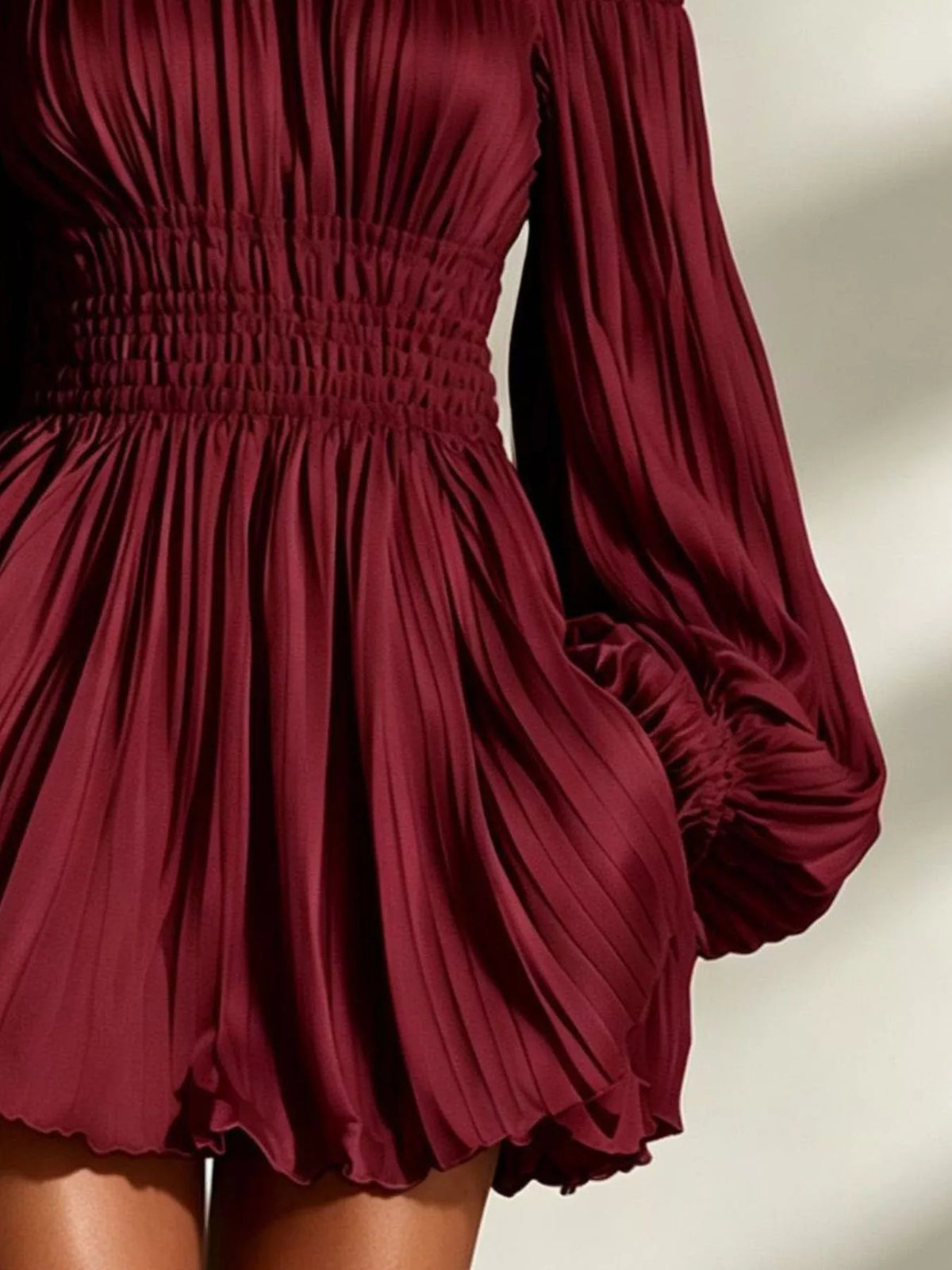 Off-Shoulder Pleated Mini Dress - Burgundy - View 3