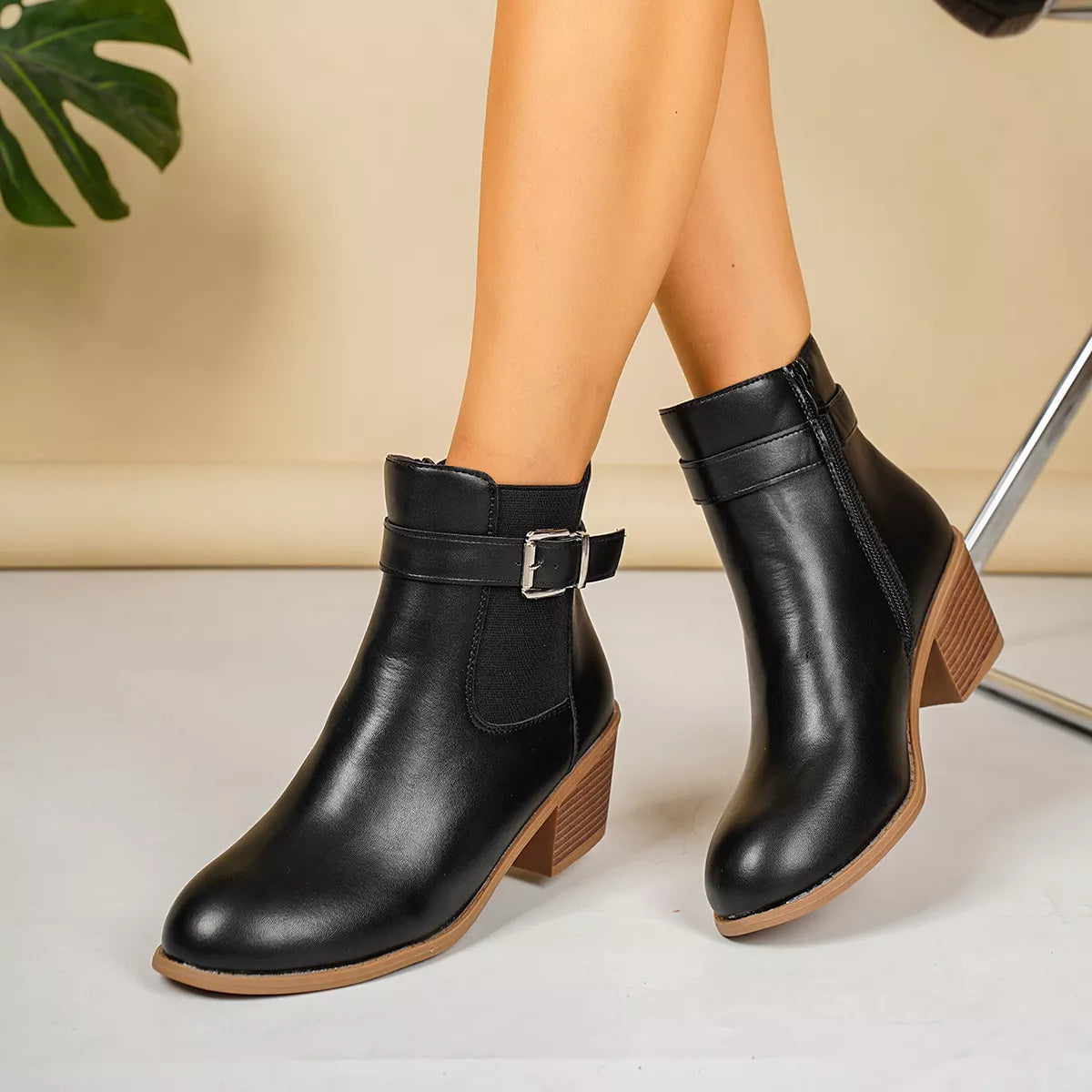 Point Toe Block Heels Boots - Black - View 2
