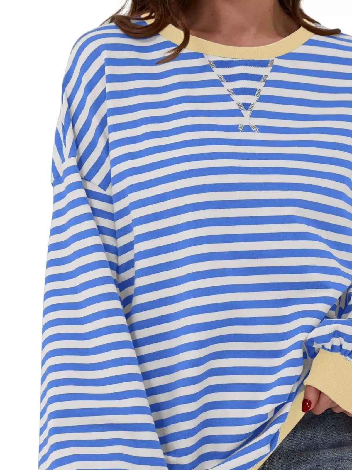 Striped Contrast Trim Oversized Sweatshirt - Light Blue - View 2