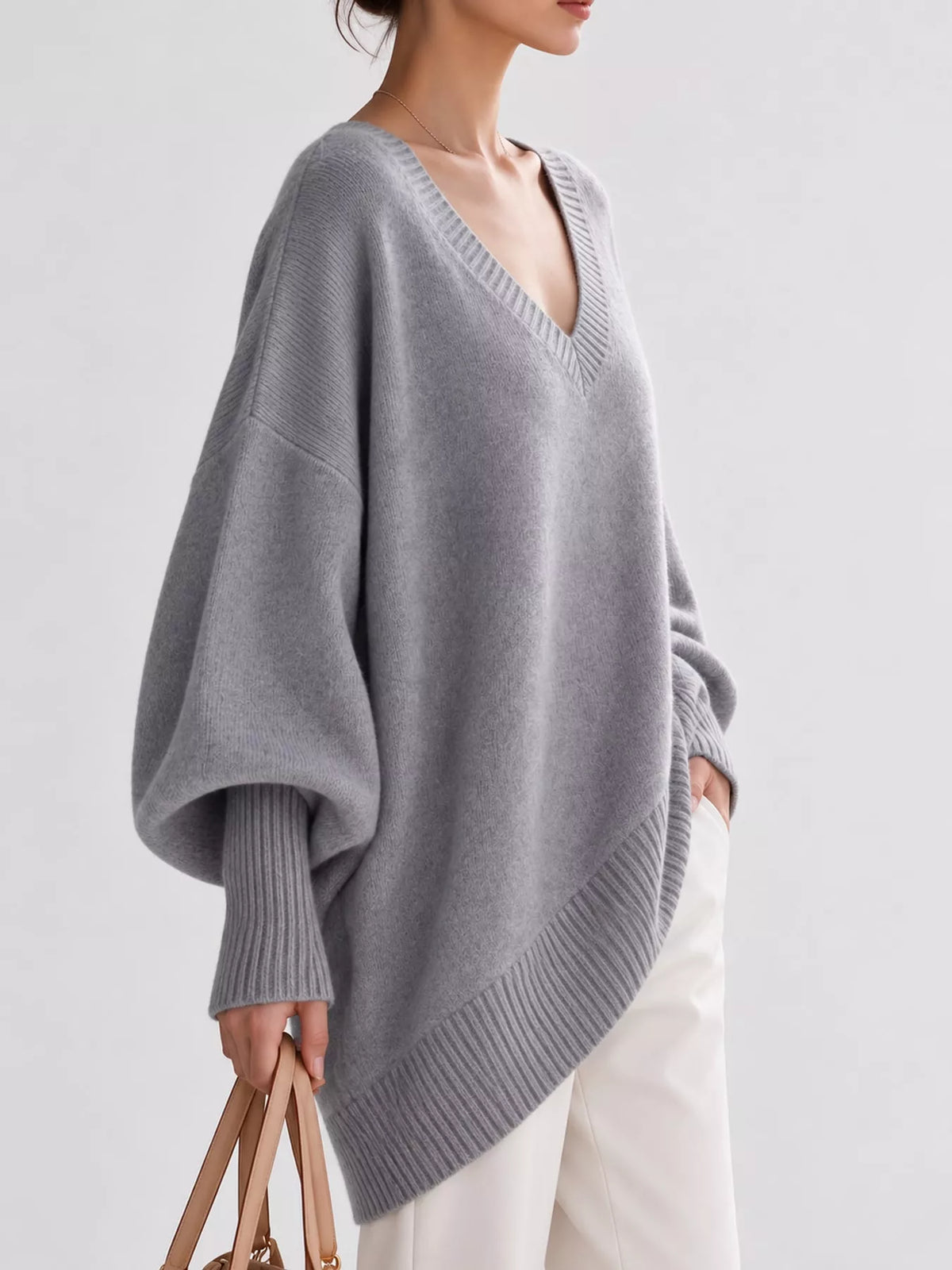 Full Size V-Neck Oversized Batwing Sleeve Sweater Plus Size - Light Gray - View 43