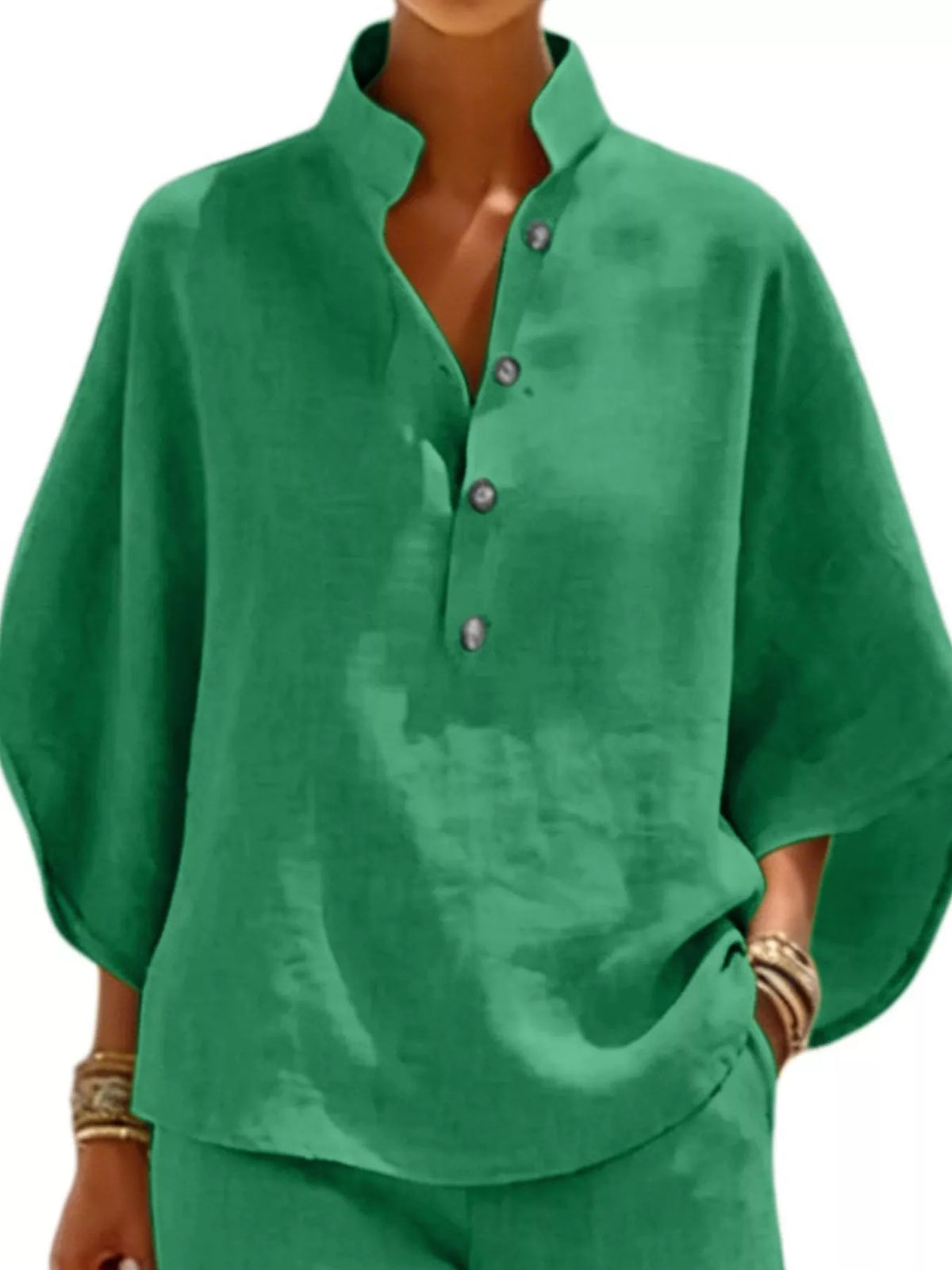 Full Size Button Detail Loose Fit Top and Shorts Set Plus Size - Green - View 2